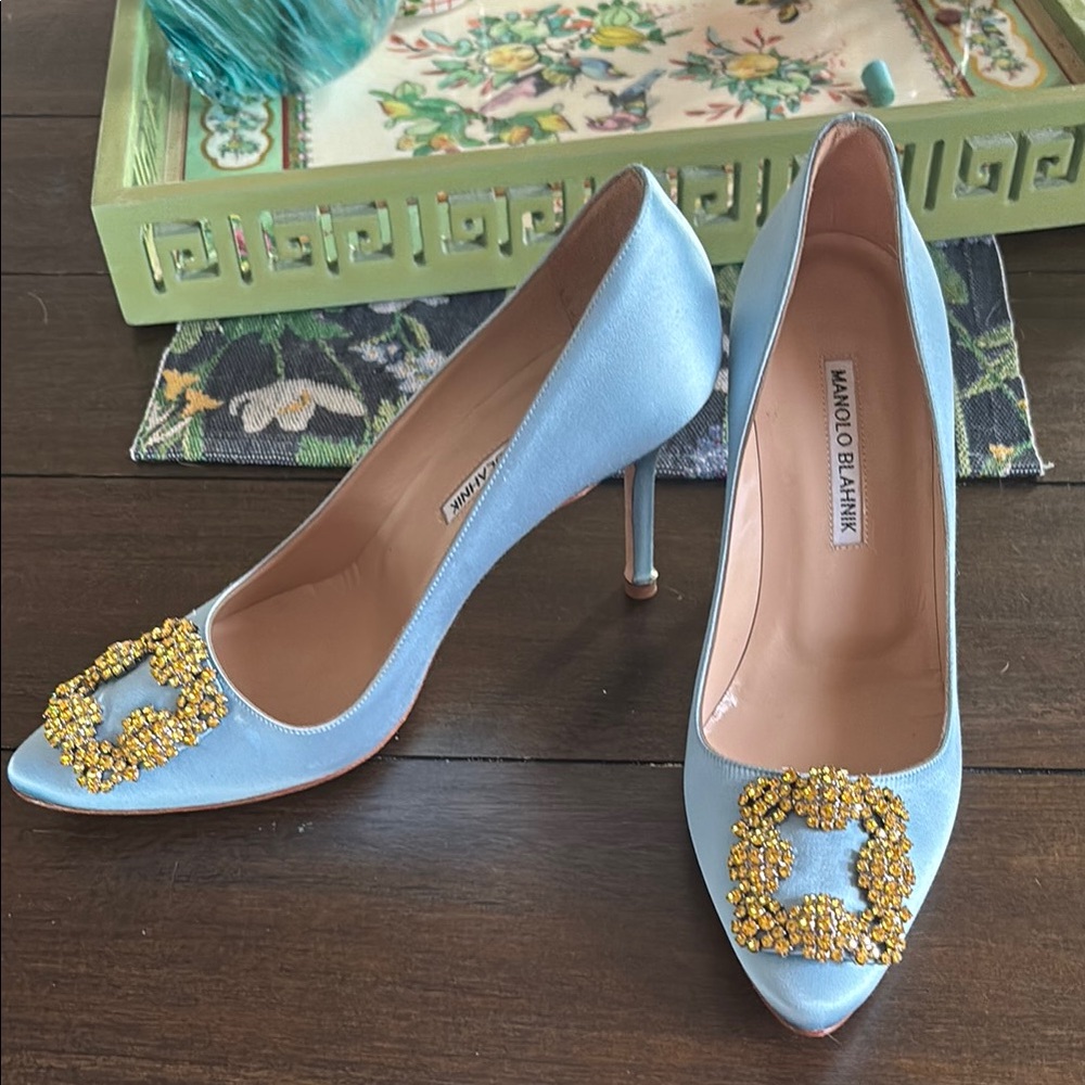 Manolo Blahnik Sky Blue Heels with Gold Accent